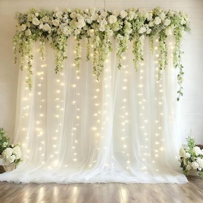 10x10ft Ivory Tulle Backdrop Curtain with Lights String for Parites, Sheer Photo Backdrop Curtains with Lights for Christmas Wedding Ceremony Reception Bridal Shower Baby Shower Birthday Party