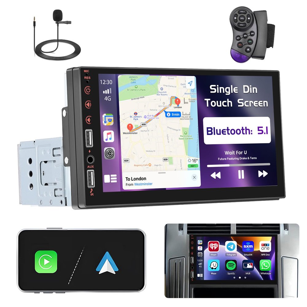 7 Inch Single Din Touch Screen Radio with Carplay Android Auto, Single Din Bluetooth Car Stereo with Mirror Link, FM Radio, Fast Charging, AUX/USB Input, Backup Camera, Colorful Backlight, 1024 * 600