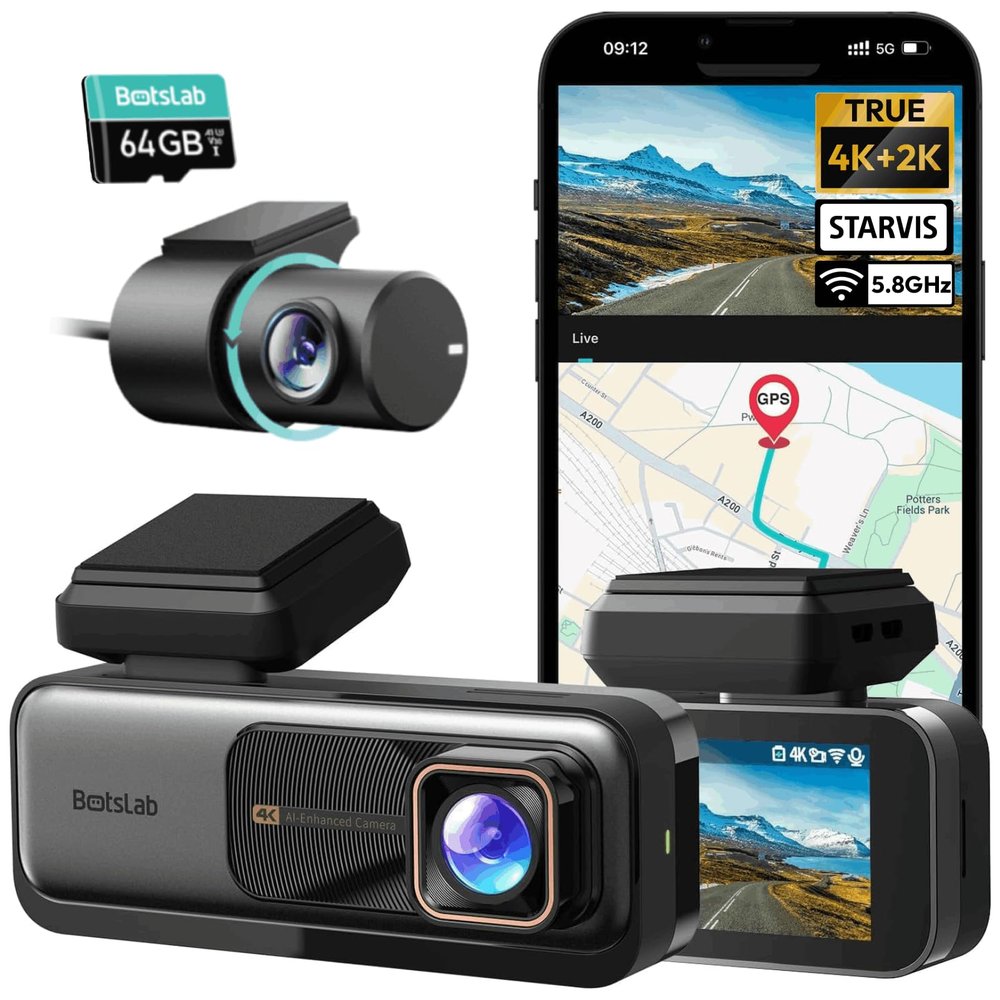 BOTSLAB 4K Dash Cam Front and Rear, 170 Ultra Wide 4K+2K Dashcam with ADAS, Night Vision, 24/7 Parking Mode, Sony STARVIS Sensor, WDR, Free 64GB SD Card, 5.8GHz WiFi, Built-in GPS, Loop Recording