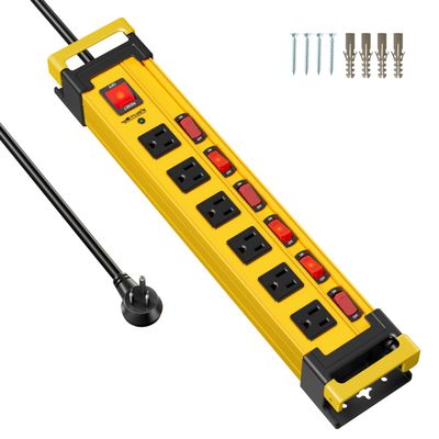 6 Outlet Heavy Duty 2700J Power Strip Surge Protector with Individual Switches Metal Mountable Power Strip with Flat Plug and Cord Manager, 6FT Long Extension Cord for Workshop, Workbench and Garage