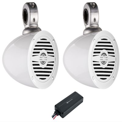 Rockville (2) MS40W White 4" 200 Watt Marine Boat Speakers Bundle with (2) Kicker 40KMMTESW Tower Enclosures in White & (1) ATV220 2 Channel Bluetooth Amplifier IP65 Micro Amp(5 Items)