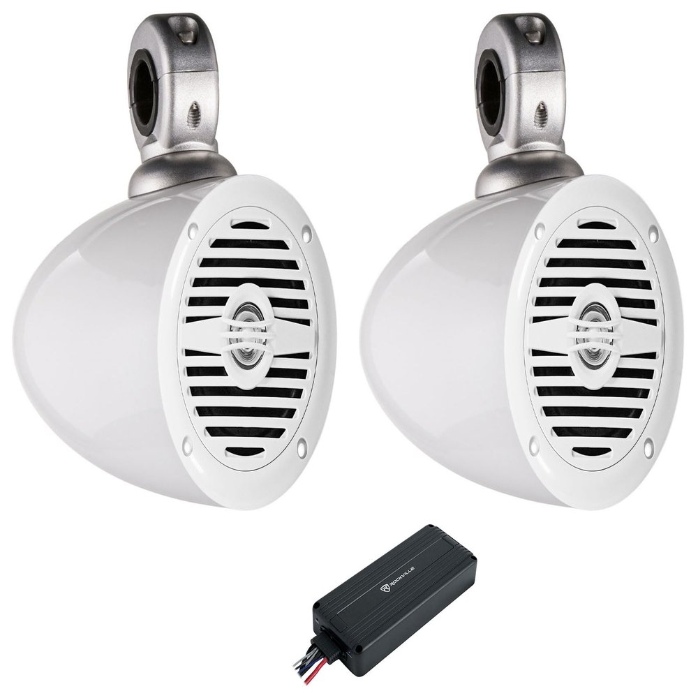 Rockville (2) MS40W White 4" 200 Watt Marine Boat Speakers Bundle with (2) Kicker 40KMMTESW Tower Enclosures in White & (1) ATV220 2 Channel Bluetooth Amplifier IP65 Micro Amp(5 Items)