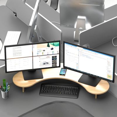 Corner Monitor Stand Arc Office Desk Stand for Monitor, Solid Wood Curved Corner Screen Organizer for Desktop, Ergonomic Level Computer Riser, Save Space ( Color : Natural , Size : Large-7.5cm(3") )