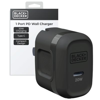 BLACK+DECKER GaN PD Wall Charger, 1-Port 20W Type C Wall Plug, Compact Power Block USB C, Type-C Fast Charging for iPhone 17/16/15 USBC Charging Block Perfect for Home, Office, Travel