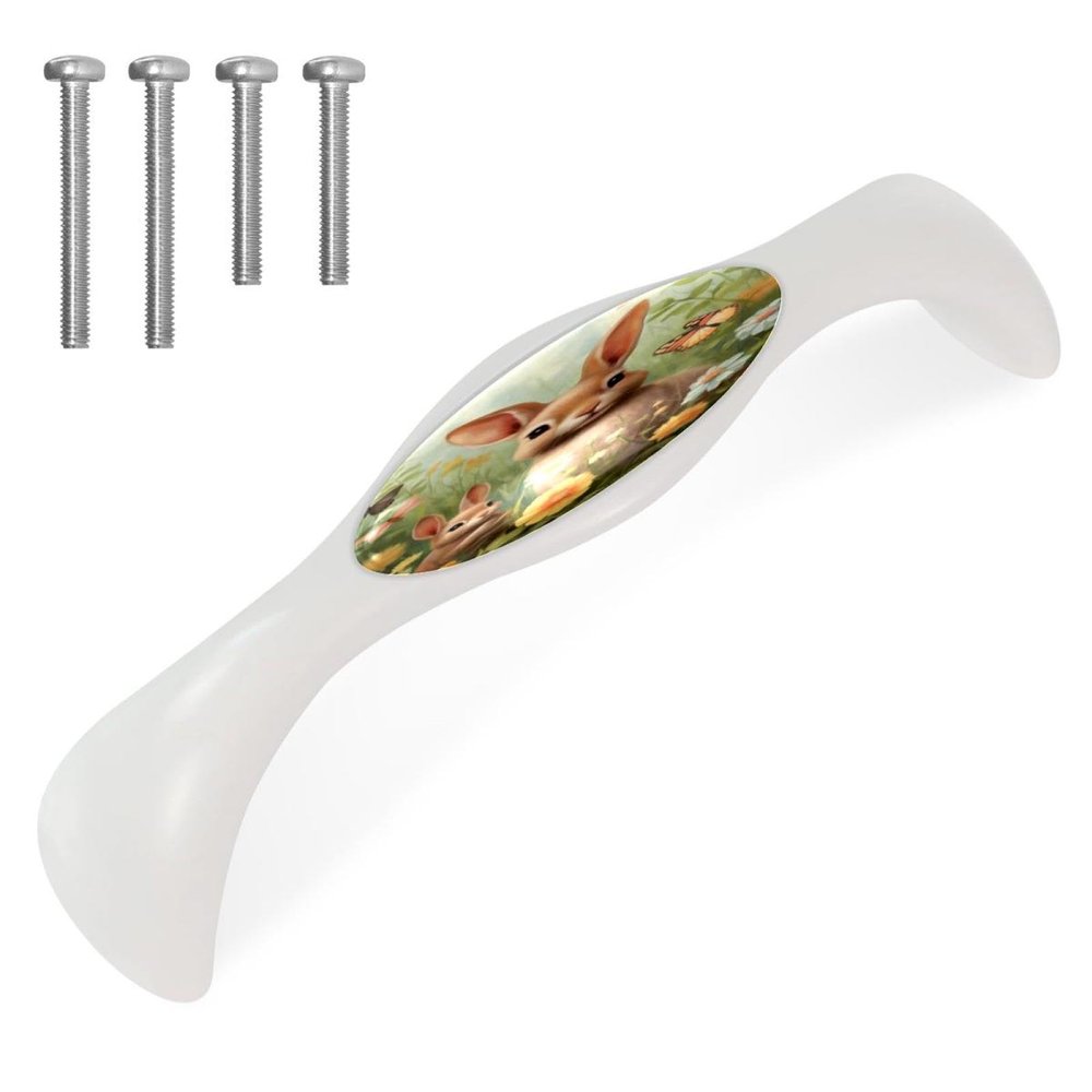 KikandKo 4 Pack 5.6 Inch Cabinet Handles Rabbit Mom and Baby Flowers, White Cabinet Pulls Drawer Pulls Cabinet Hardware Kitchen Cabinet Handles for Cabinets Cupboard Home Bathroom Decor