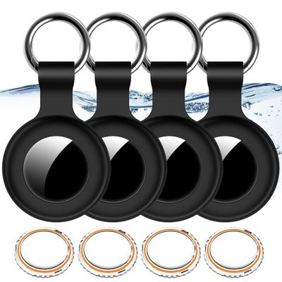 4Pack,for Apple Airtag Holder Case with Keychain,IPX8 Waterproof,Shockproof GPS Air Tag Tracker Cover [Anti-Scratch] [PC+Silicone] for Item Finders Case for Pets,Kids,Luggages-4 Black