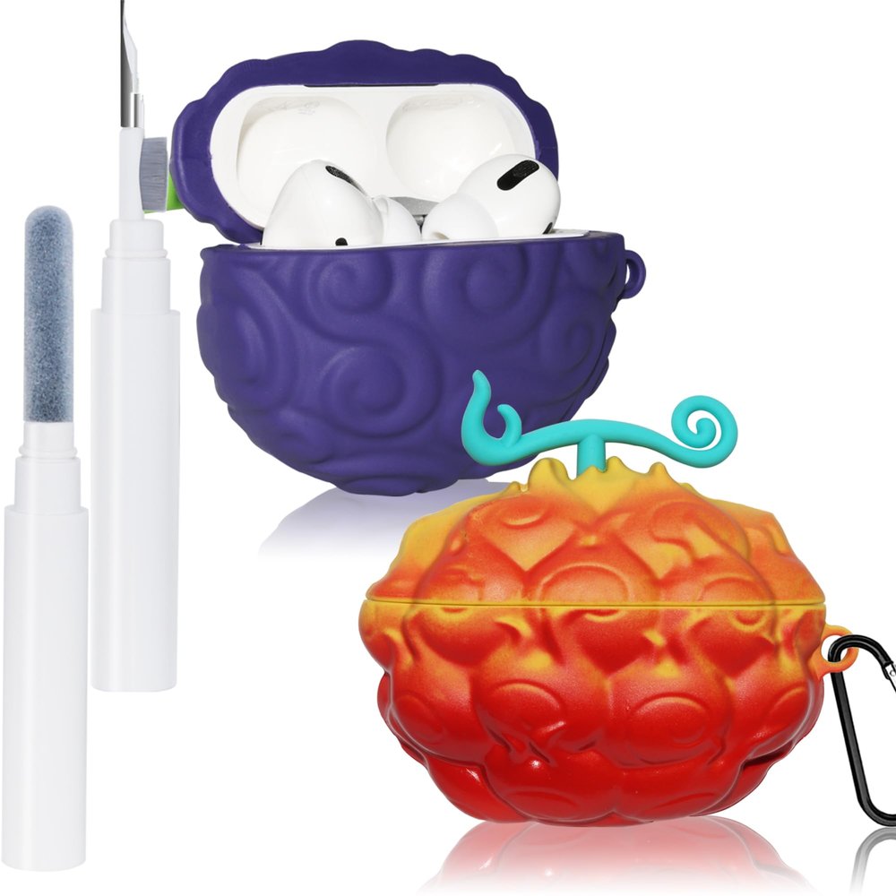 2Pack Devi Fruit for AirPods Pro Case Cute 2019, 3D Cartoon Silicone for Devil Fruit Cover Accessories for AirPods Pro 1st/2rd Generation Case for Boy Girl Cleaning Pen(Purple&Red Yellow Devil Fruit)