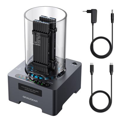 GRAUGEAR NVMe M.2 SSD Duplicator Dual-Bay Offline Clone Tool-Free, 20Gbps USB C to M.2 SSD Drive Cloner Docking Station Adapter Enclosure for M2 SSD Hard Drives M-Key