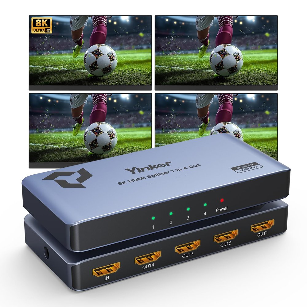 Yinker 8K HDMI Splitter 1 in 4 Out, 8K@60Hz 4K@120Hz HDMI Splitter 1x4 for Duplicate/Mirror Only, Support EDID, HDCP2.3, 40G Bandwidth