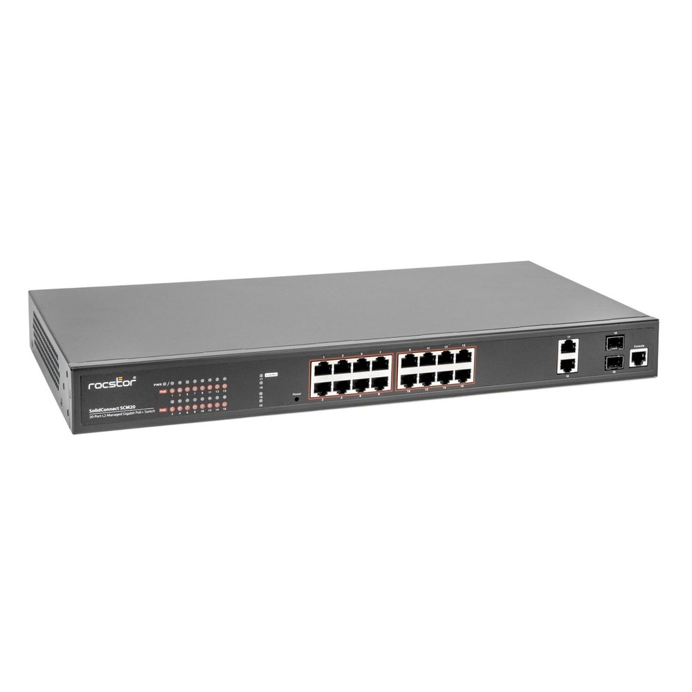 Rocstor SolidConnect SCM20 16-Port PoE+ Gigabit L2 Managed Ethernet Switch 16-Port PoE+, 2-Port RJ45 & 2-Port SFP - Y10S010-B1