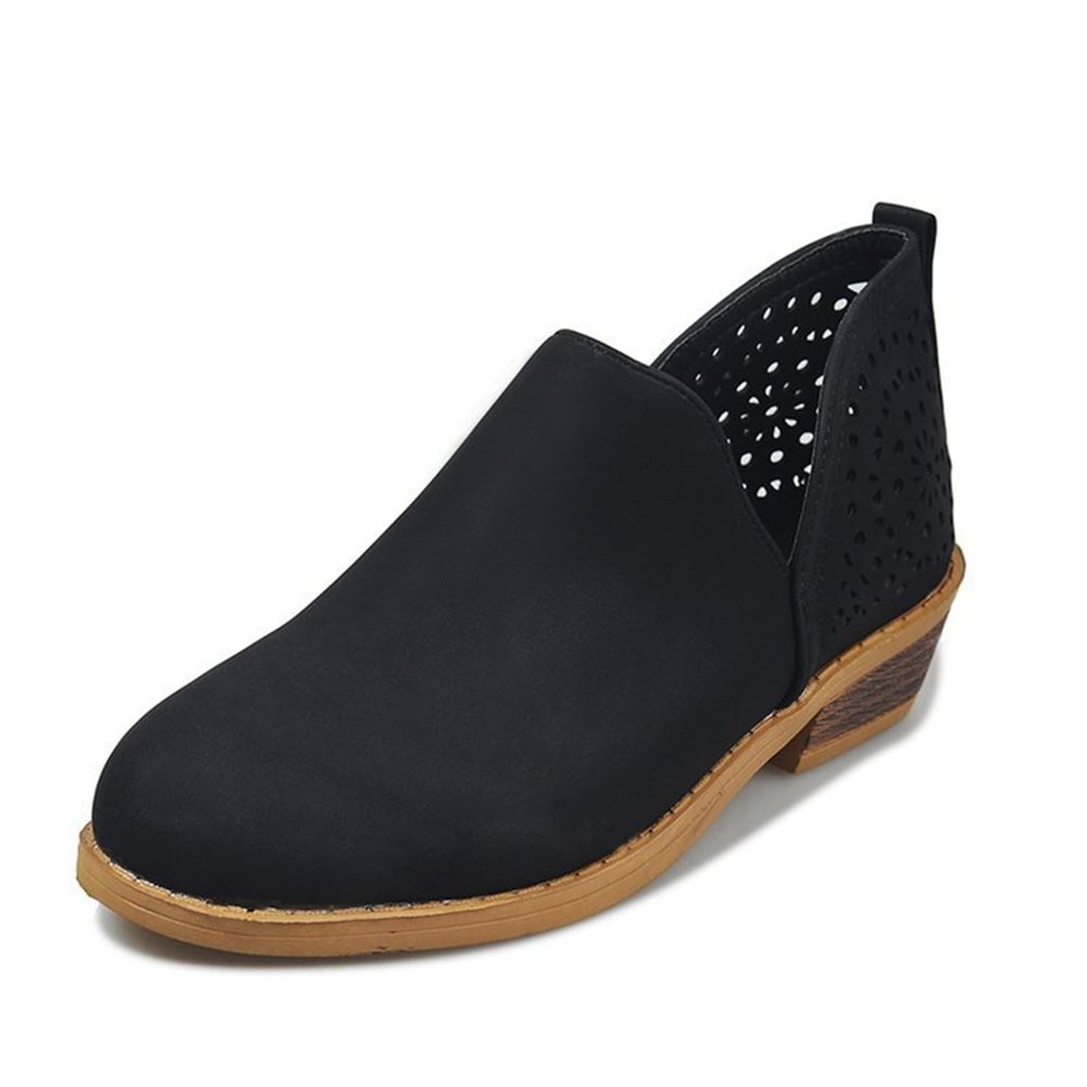 HINDOLA Women Chunky Heel Ankle Boots Casual Cut Out Slip On Low Heel Short Chunky Stacked Heel Perforated Side V Cut Western Booties Cutout Shoes