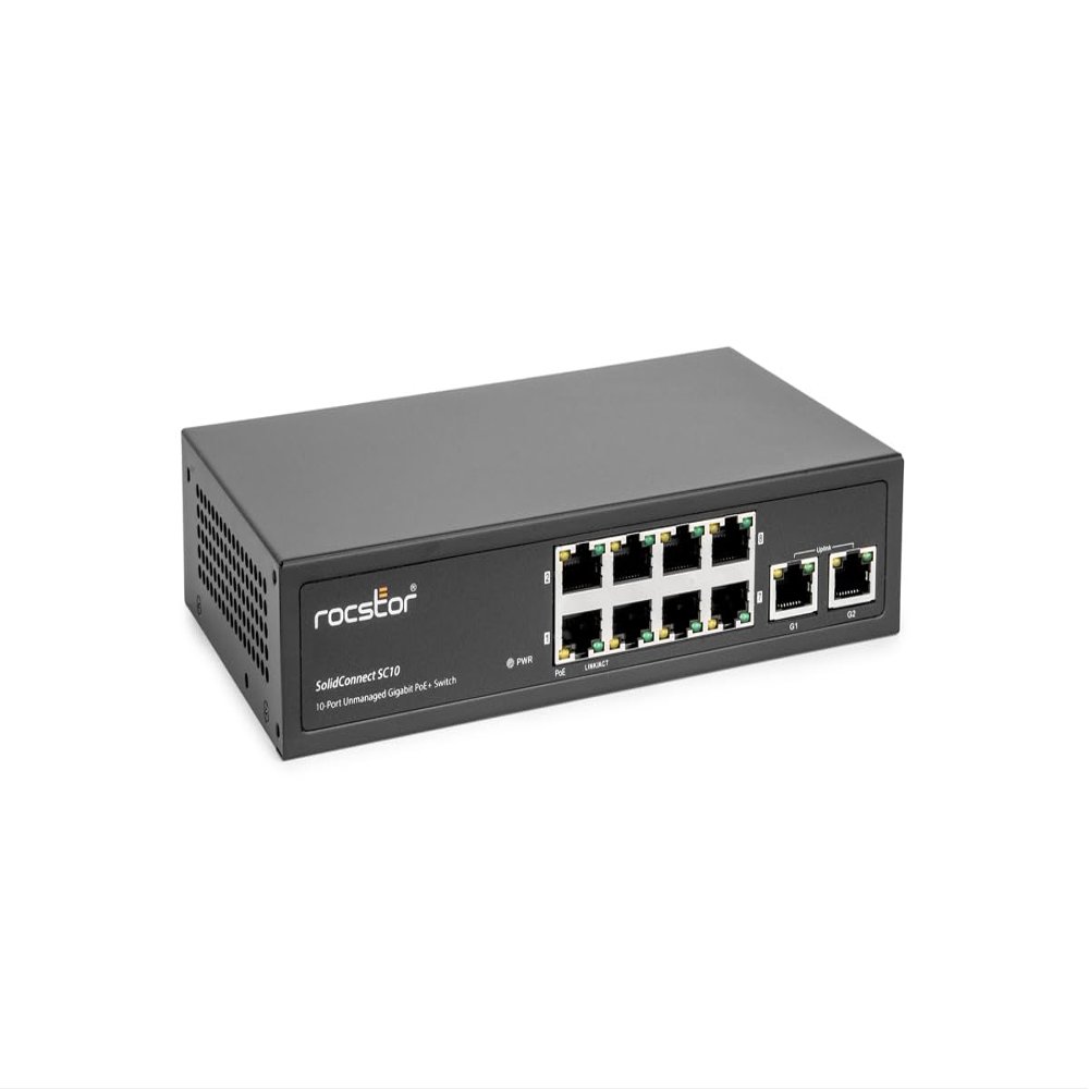 Rocstor SolidConnect SC10 10-Port Gigabit Unmanaged Ethernet Switch  8 Port PoE+ & 2 Port Ethernet Uplink - Y10S006-B1