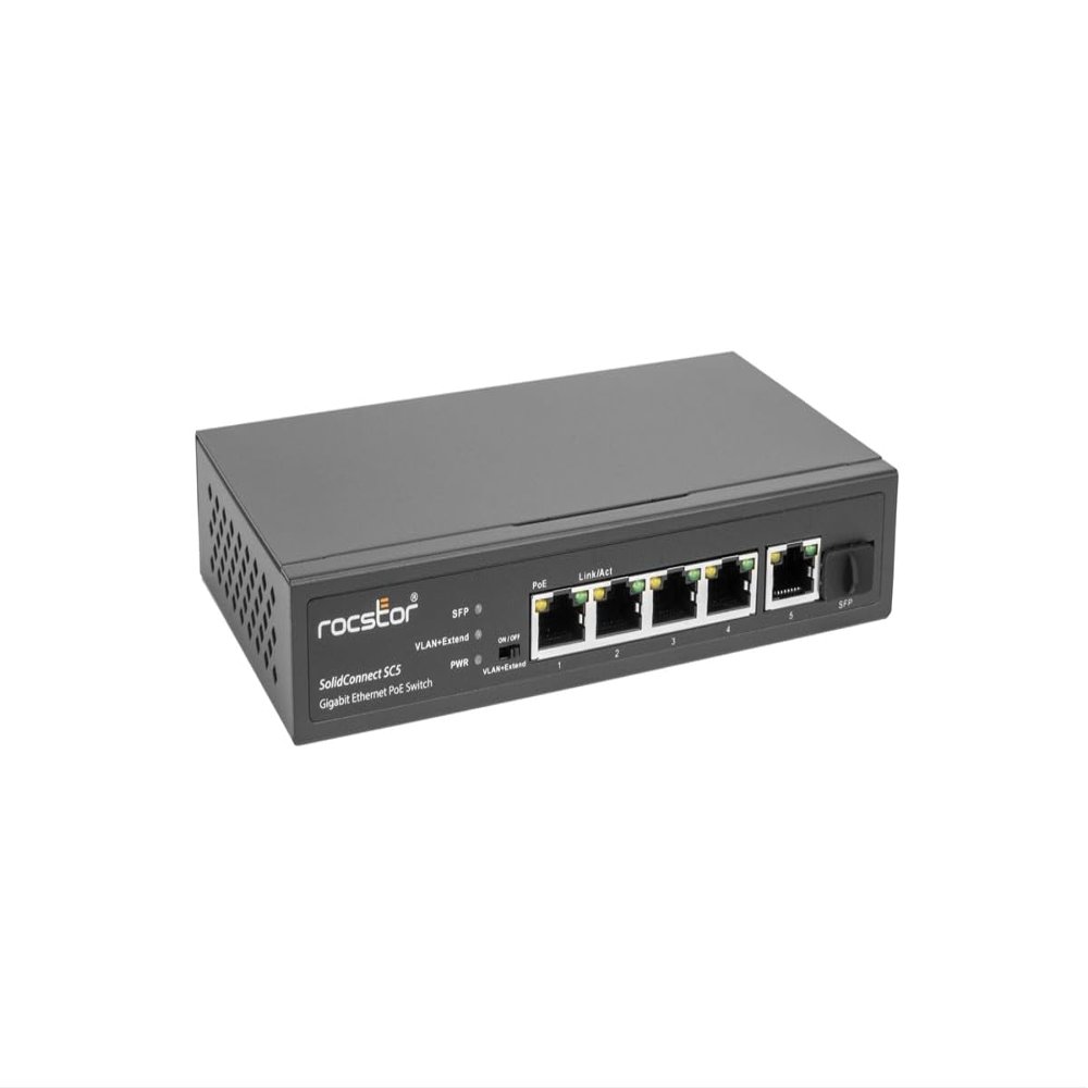 Rocstor SolidConnect SC5 4-Port PoE+ Gigabit Unmanaged Ethernet Switch & 1X Gigabit SFP Uplink Ports - Y10S005-B1