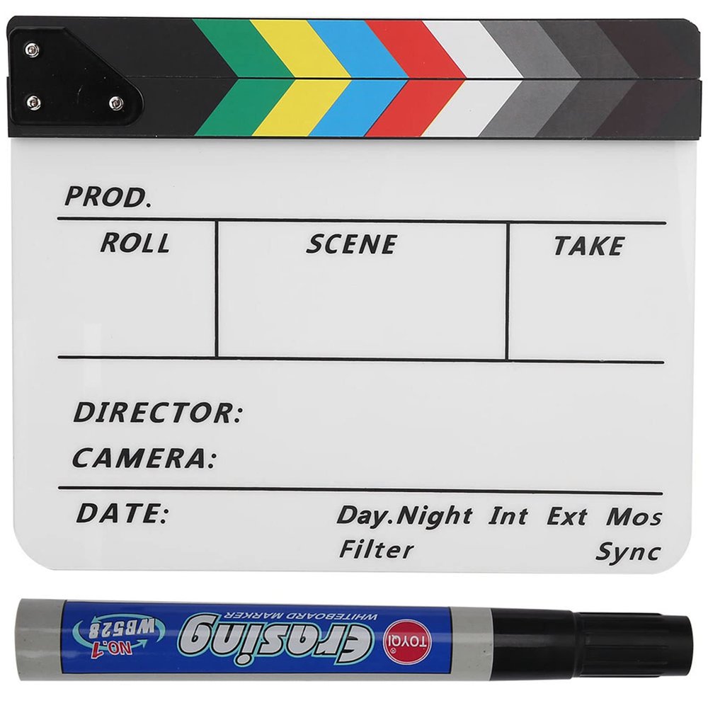 Movie Film Clap Board, Acrylic Film Directors Clapboard Set with Pen Plastic Film Clapboard Cut Action Scene Clapper Board, 11.8 X 9.8in(Color Whiteboard)