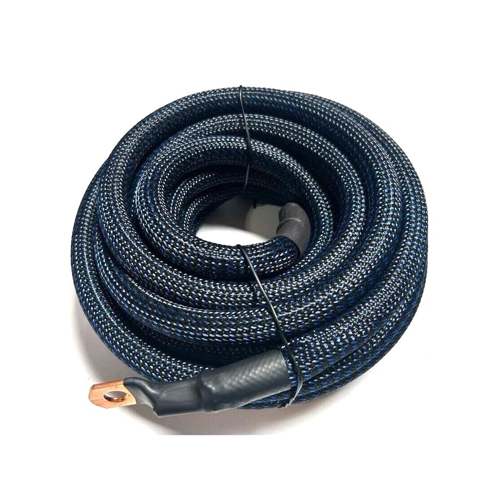 225FWY 1/0 Gauge Custom Color + Length Snakeskin Braided Sleeving OFC Wire Strands Copper Marine Cable AWG (Black/Blue, 17 FT)