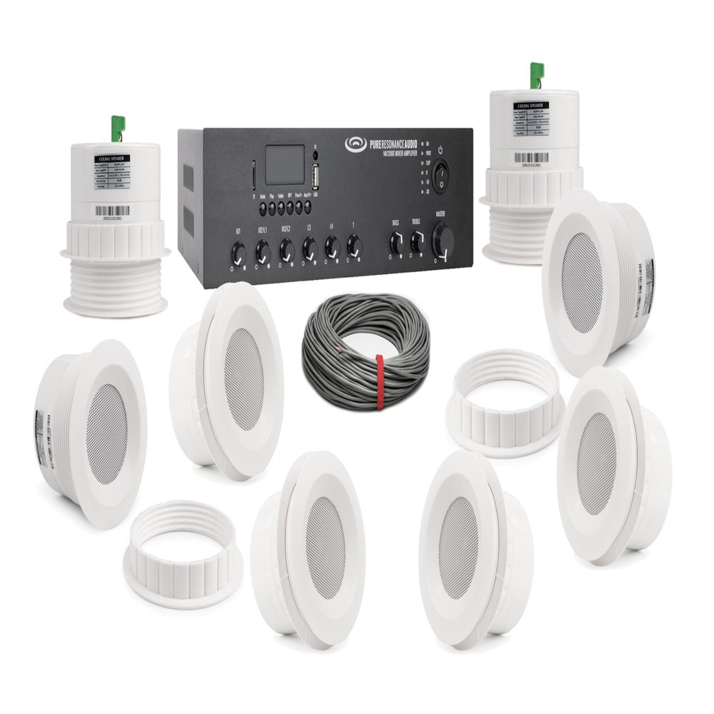 Pure Resonance Audio Small Office Sound System with (8) C3 Micro 3" 70 Volt Ceiling Speakers + 120 Watt Mixer Amp