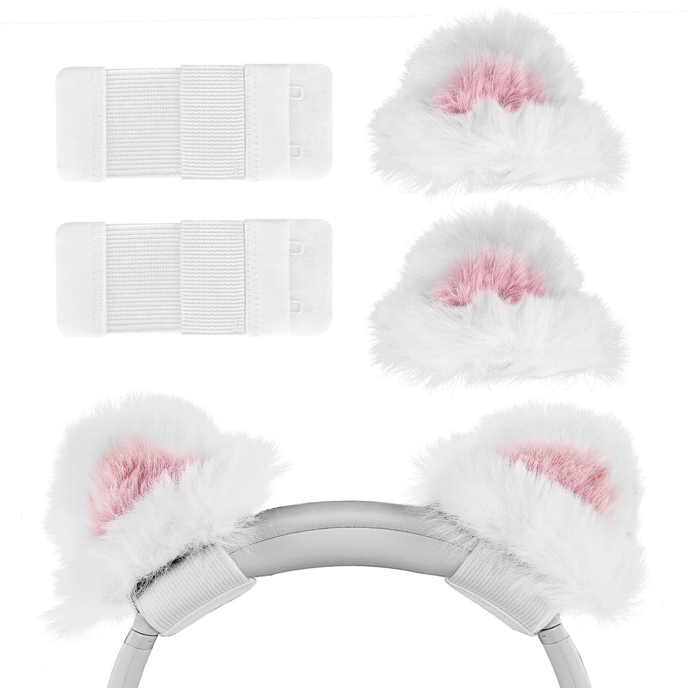 Geekria NOVA Headphones Cat Ear Attachment Compatible with Most Gaming, Over-Ear and On-Ear Headsets, Universal Fit with Adjustable Straps (White Pink)