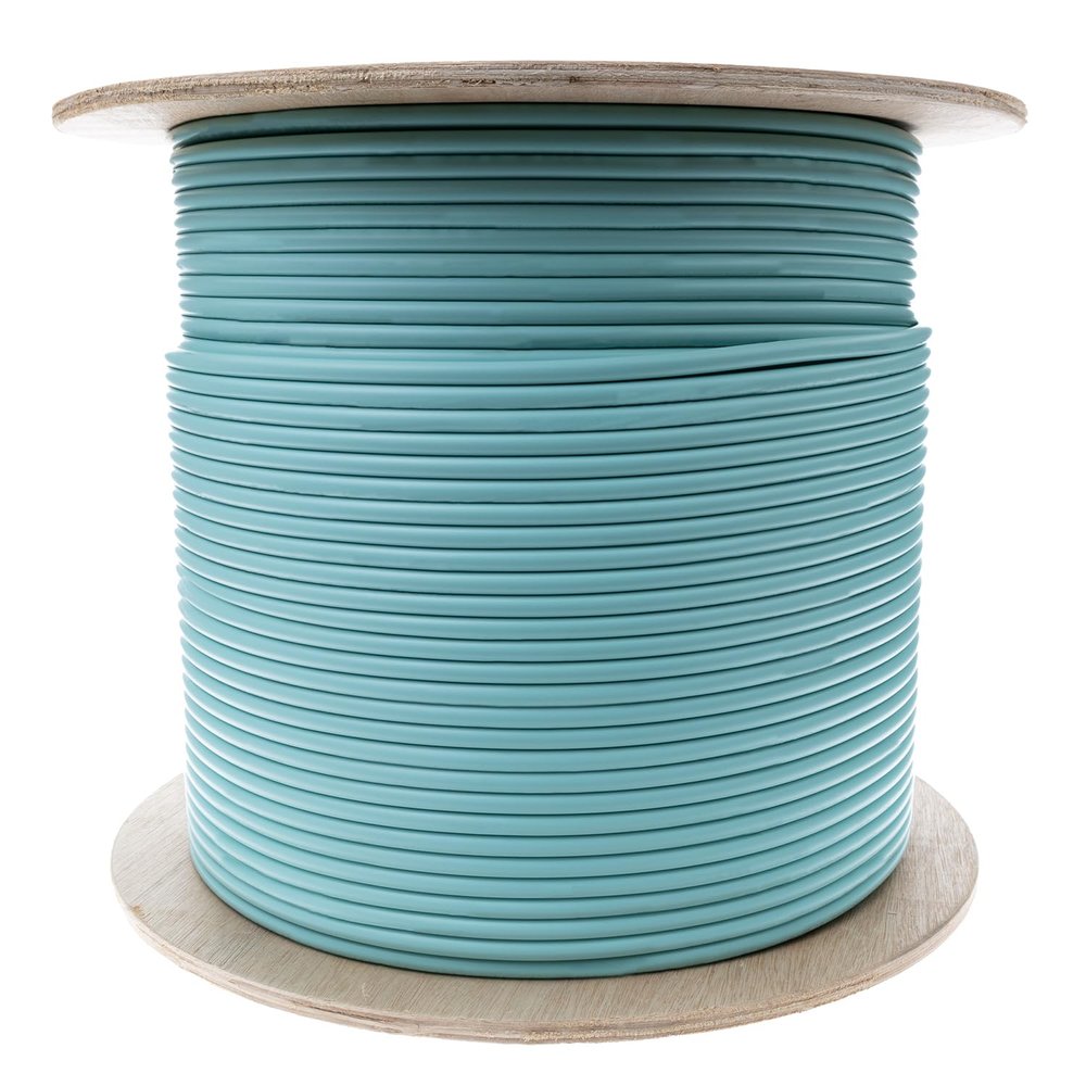 1000ft Aqua Indoor Fiber Optic Cable Spool - 6-Strand Fiber Multimode 50/125 OM3, 10 Gbit, Riser Rated - UL Certified
