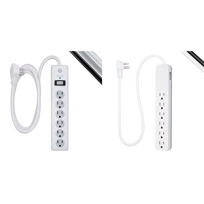 GE 6-Outlet Surge Protector, 6 Ft Extension Cord, Power Strip, 800 Joules & Pro 6-Outlet Surge Protector, 2 Ft Extension Cord, 620 Joules