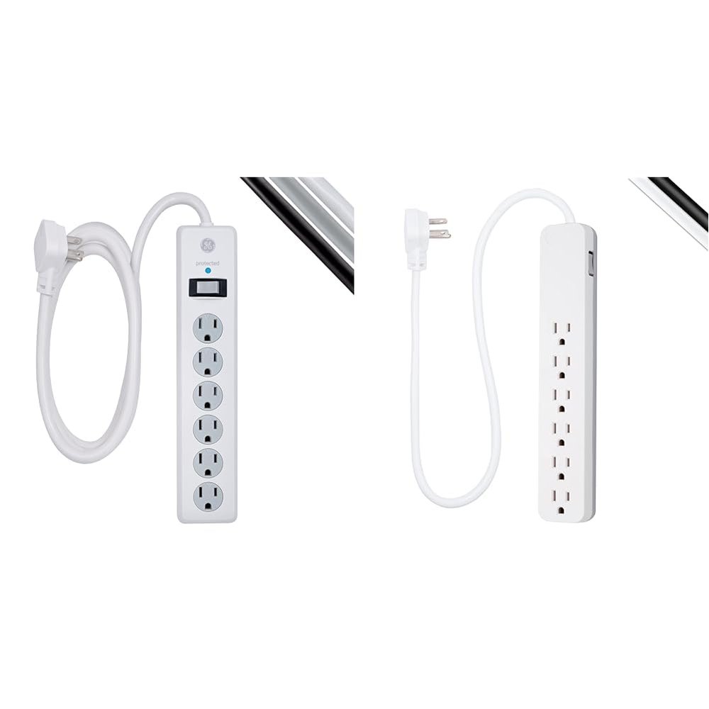 GE 6-Outlet Surge Protector, 6 Ft Extension Cord, Power Strip, 800 Joules & Pro 6-Outlet Surge Protector, 2 Ft Extension Cord, 620 Joules