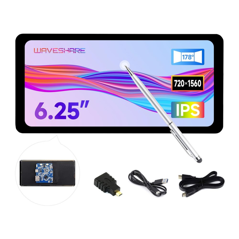 waveshare 6.25inch Capacitive Touch Display, Compatible with Windows 11/10/8.1/8 /7, Supports Raspberry Pi 5/4B/A+/B+/2B/3B/3B+/Zero W/Zero WH, HDMI Interface, IPS Panel, 5-Point Touch