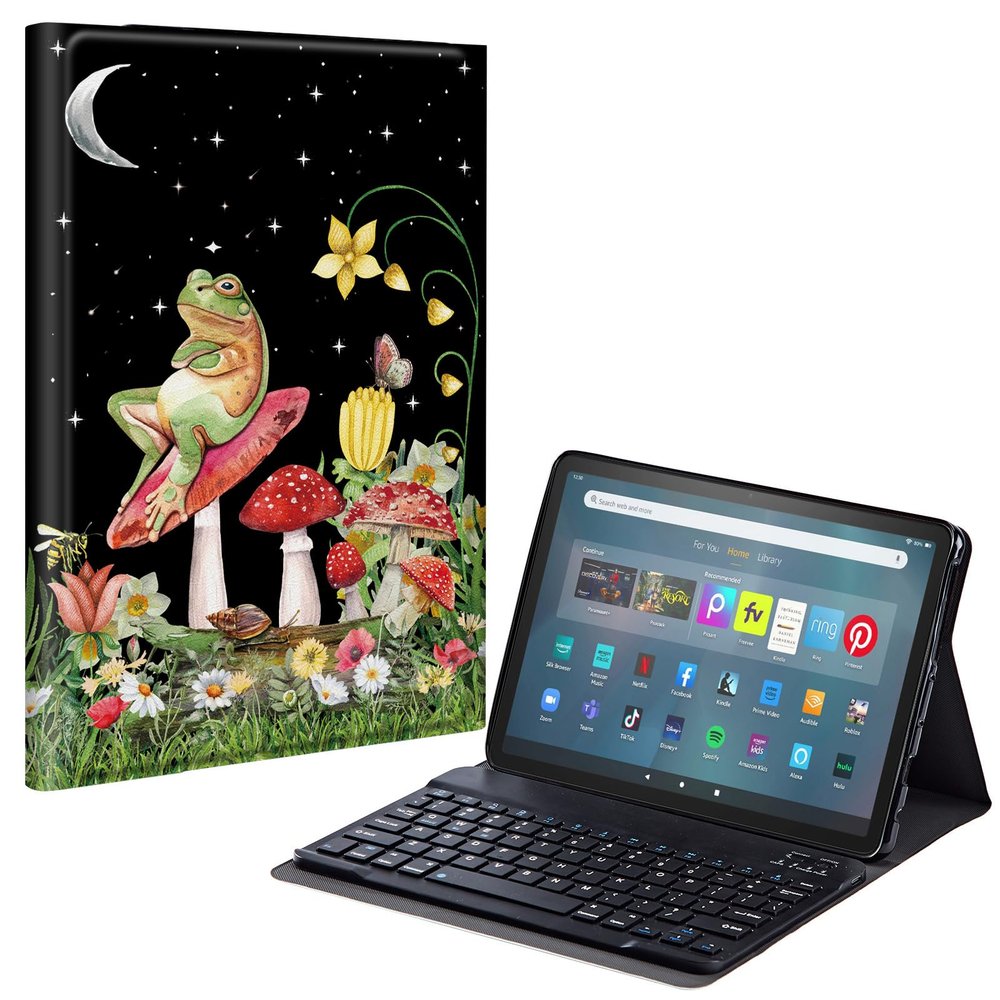 EDGFRTOIO Keyboard Case for Kindle Fire Max 11 (13th Generation, 2023 Release), PU Leather Keyboard Cover with Detachable Wireless Bluetooth Keyboard, Auto Wake/Sleep, Aesthetic Mushroom Frog