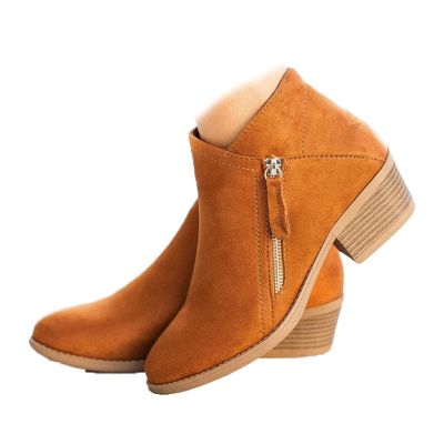 HINDOLA Ankle Boots for Women Casual Slip On Low Heel Chunky Stacked Heel Side Zipper Western Booties Dress Short Boots Shoes