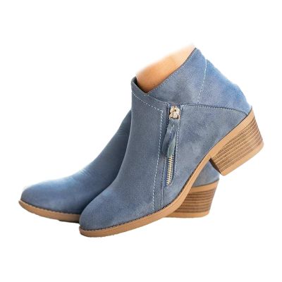 HINDOLA Ankle Boots for Women Casual Slip On Low Heel Chunky Stacked Heel Side Zipper Western Booties Dress Short Boots Shoes