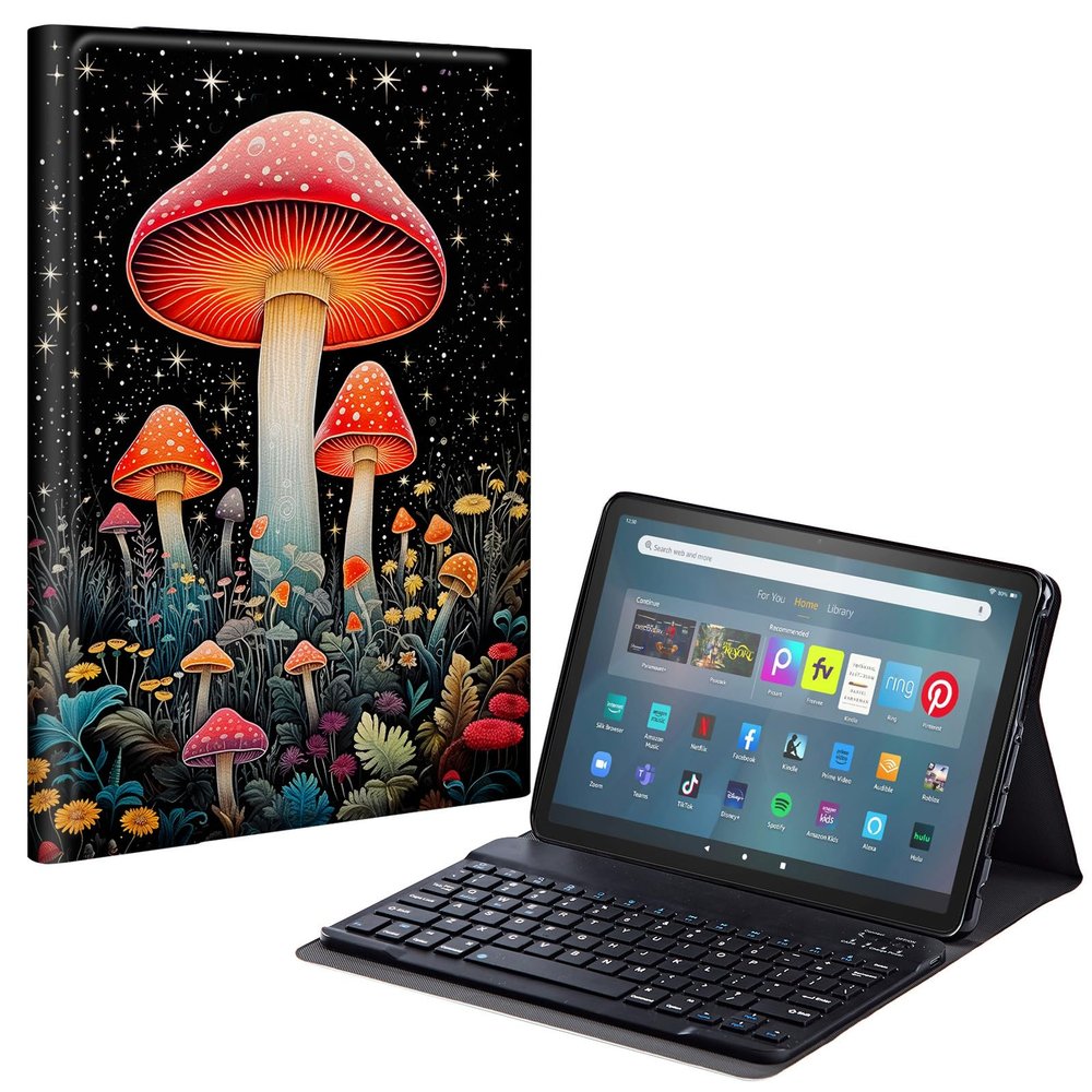 EDGFRTOIO Keyboard Case for Kindle Fire HD 10&10 Plus 2021/2023 10.1" - Slim Keyboard Cover Folio Stand Case Detachable Wireless Keyboard for Fire HD 10 Plus (11th Gen), Fairy Mushroom Stars Night