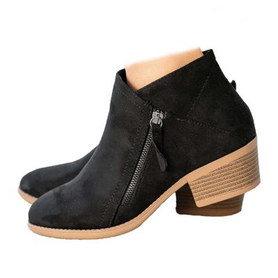 HINDOLA Ankle Boots for Women Casual Slip On Low Heel Chunky Stacked Heel Side Zipper Western Booties Dress Short Boots Shoes
