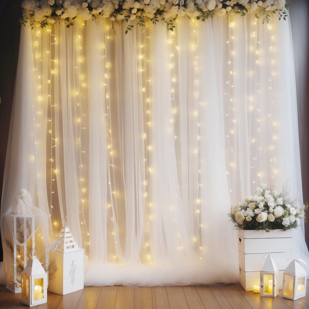10ft x 10ft White Backdrop Curtain with Lights String for Parties, Sheer Tulle Wedding Photo Backdrops Drapes for Baby Shower Birthday Party Decorations Background for Photography