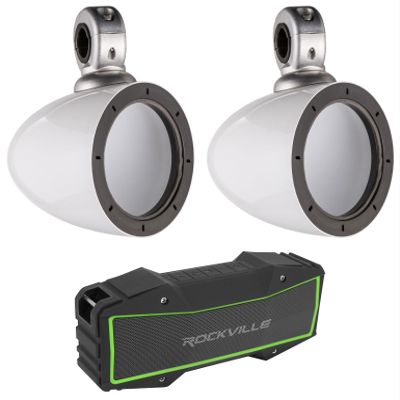 Audiosavings Bundle: (1) Pair Kicker 40KMMTESW 4" Mini Marine Tower Enclosures in White Bundle with (1) Rockville Rock Everywhere Portable Bluetooth Speaker/Waterproof/Wireless Link (Items 3)