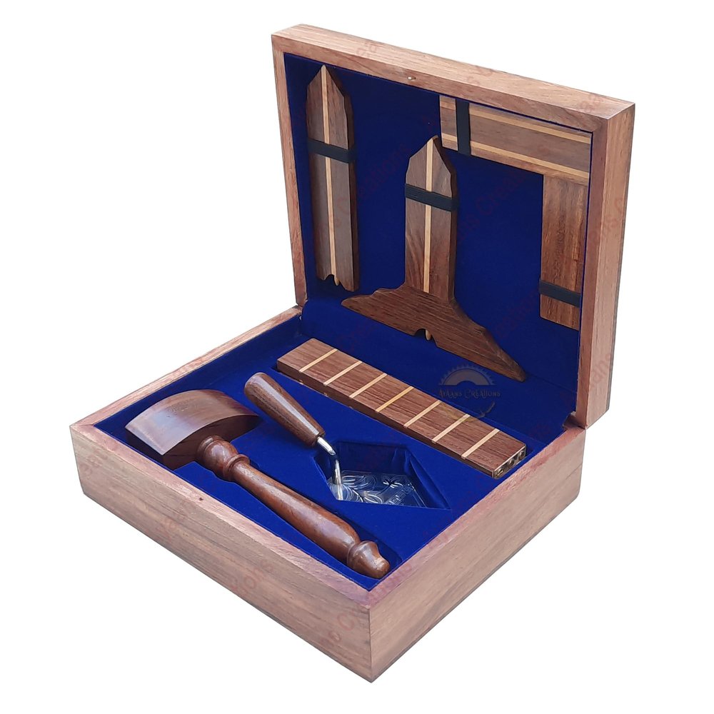 AYAANS Wooden Masonic Plumb Square And Rule Wooden Masonic Working Tools set with Golden Color Plated trowel Fully Classic Blue Theme by AYAANS (Blue Theme)