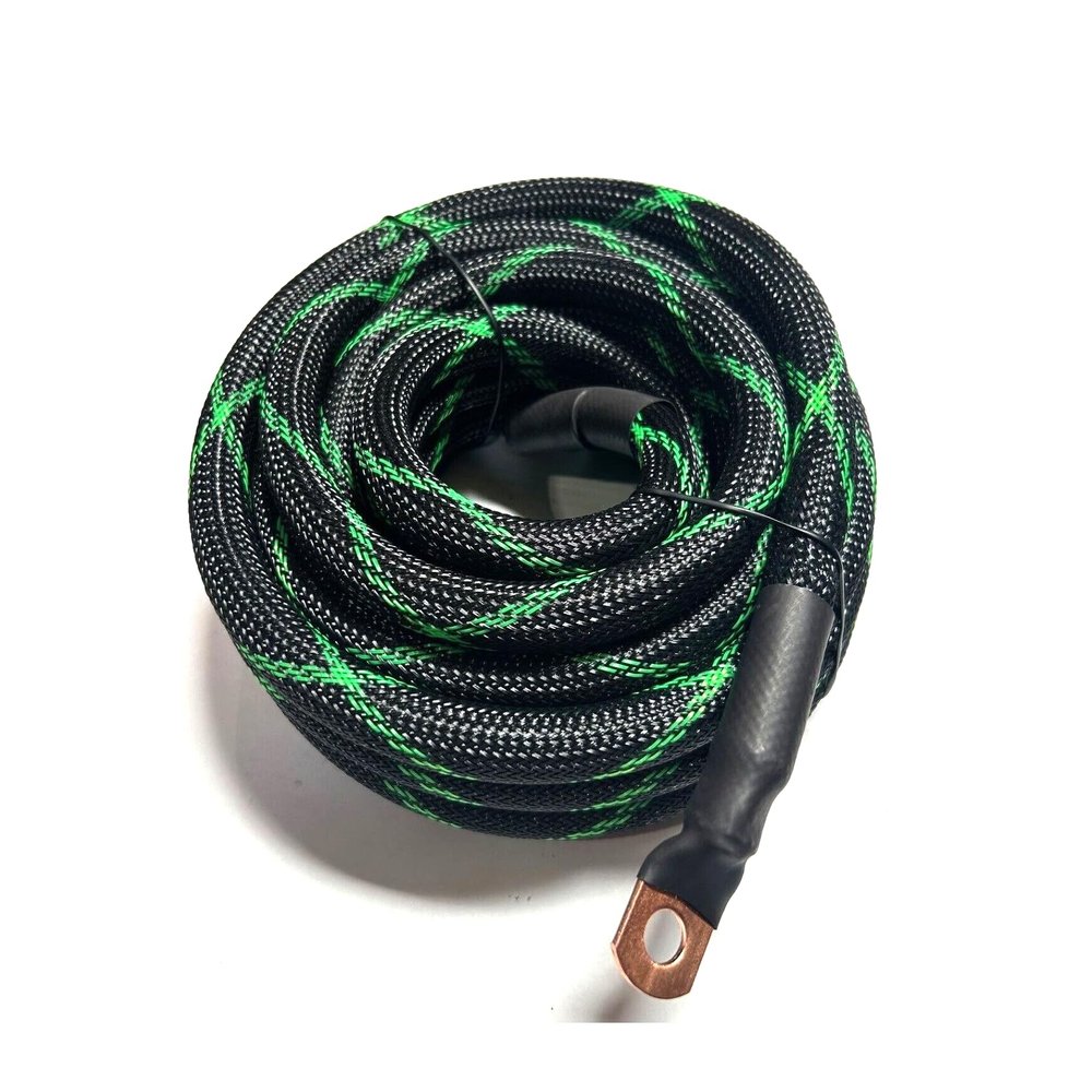 225FWY 4 Gauge Custom Color + Length Snakeskin Braided Sleeving OFC Wire Strands Copper Marine Cable AWG (Black/Green, 50 FT)