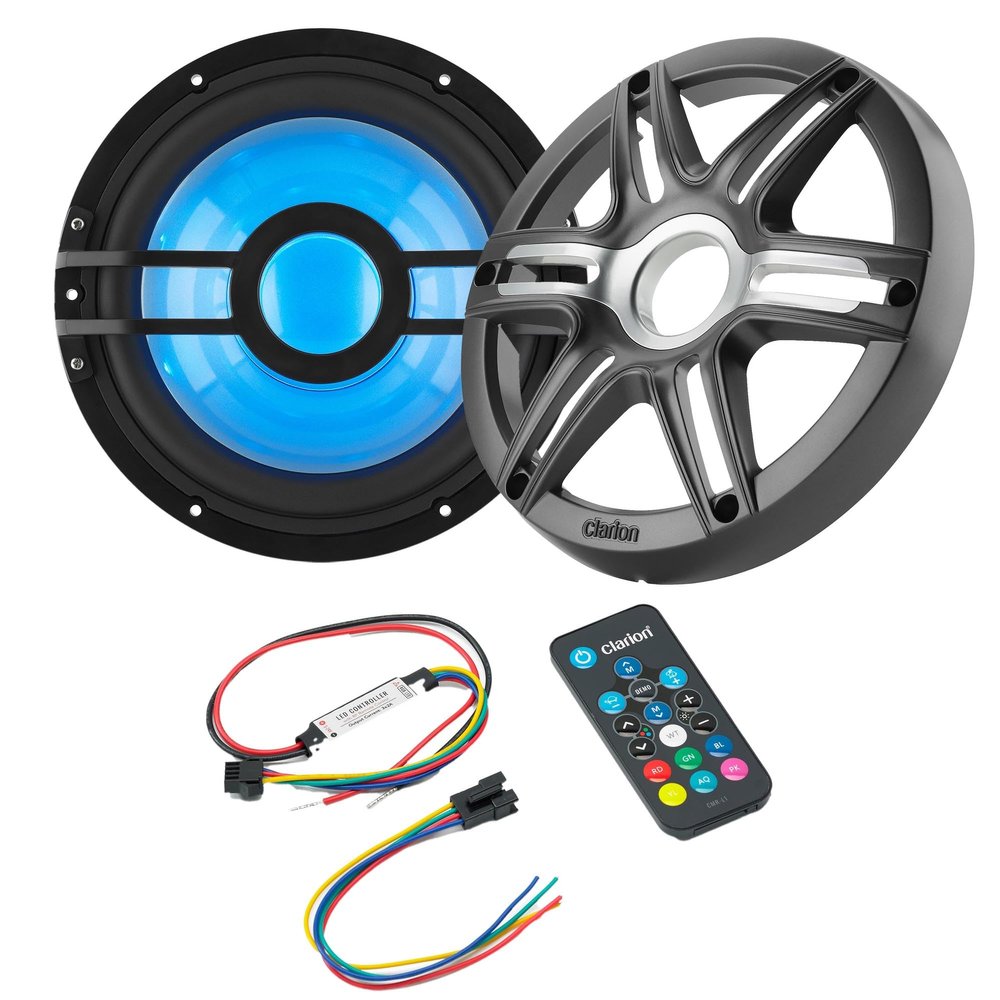 Clarion CMSP-101RGB-4 10" Marine 4-Ohm Subwoofer with RGB LEDs & Remote Includes Gray Metallic Sport Grille