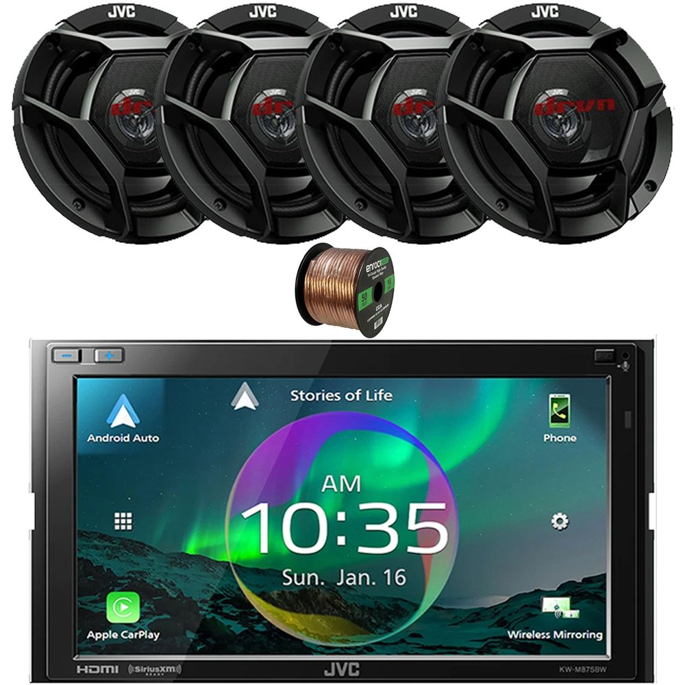 JVC Double DIN 6.8" Touchscreen HDMI/WiFi Bluetooth USB Digital Multimedia Car Radio Receiver, 4X 6.75 300 Watt Max 2-Way Vehicle Audio Speakers, 16 Gauge 50 ft Speaker Wire