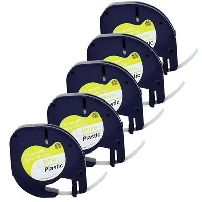 5-Pack Compatible Label Replacement for Dymo Letratag Plastic White Tape 91201 S0721610, for Dymo Letratag LT-100H LT-100T LT-110T QX50 XR XM 200B 2000 Plus, Black on White, 12mm x 4m