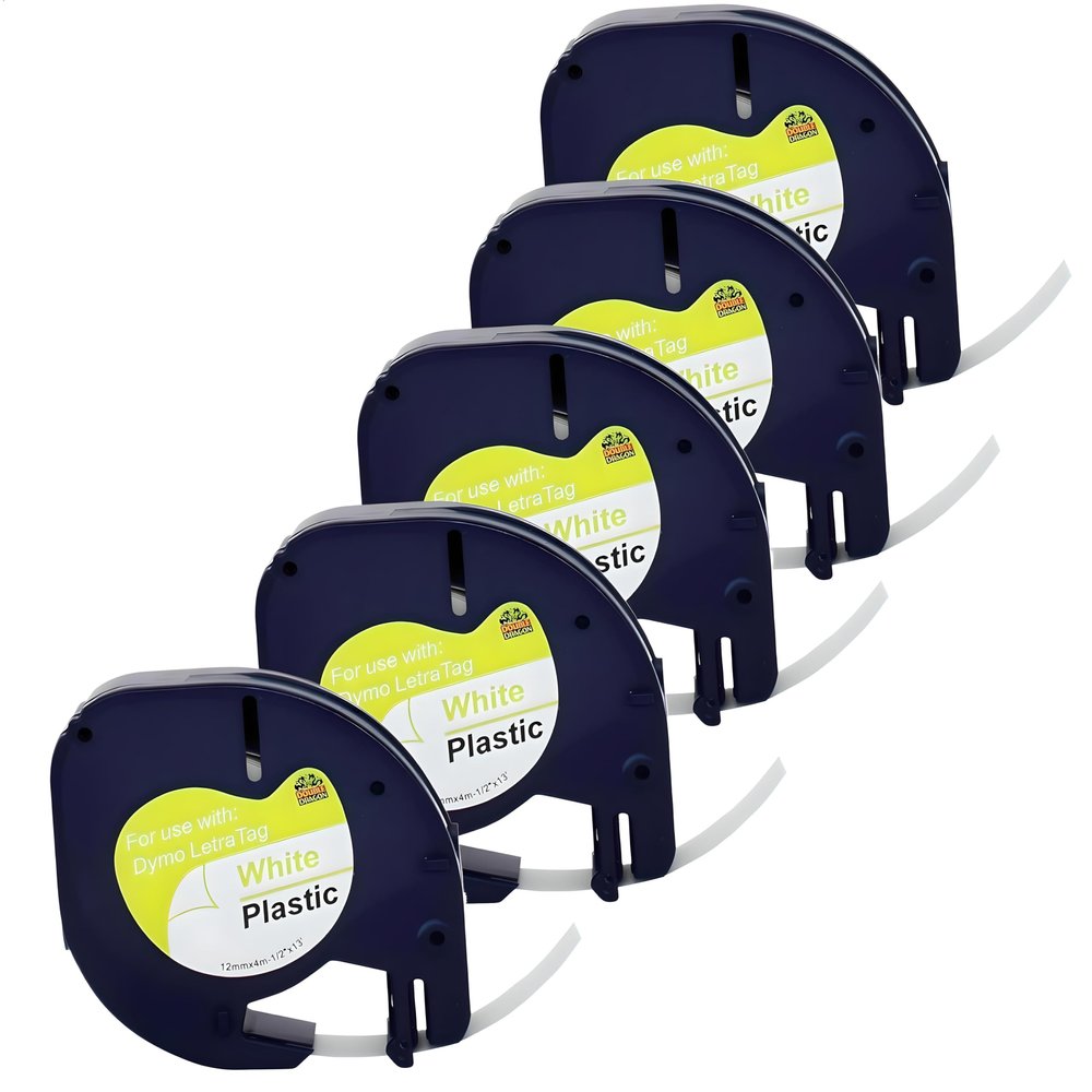 5-Pack Compatible Label Replacement for Dymo Letratag Plastic White Tape 91201 S0721610, for Dymo Letratag LT-100H LT-100T LT-110T QX50 XR XM 200B 2000 Plus, Black on White, 12mm x 4m