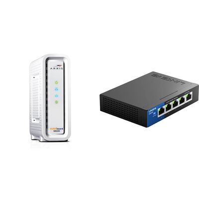 ARRIS Surfboard SB8200 DOCSIS 3.1 Cable Modem, Approved for Comcast Xfinity, Cox & Linksys LGS105: 5-Port Business Desktop Gigabit Ethernet Unmanaged Switch, Computer Network, Wired