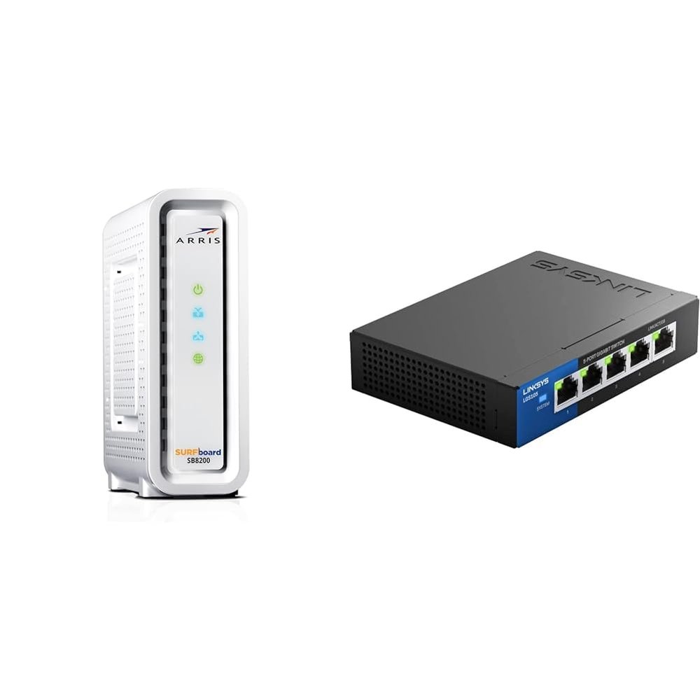 ARRIS Surfboard SB8200 DOCSIS 3.1 Cable Modem, Approved for Comcast Xfinity, Cox & Linksys LGS105: 5-Port Business Desktop Gigabit Ethernet Unmanaged Switch, Computer Network, Wired