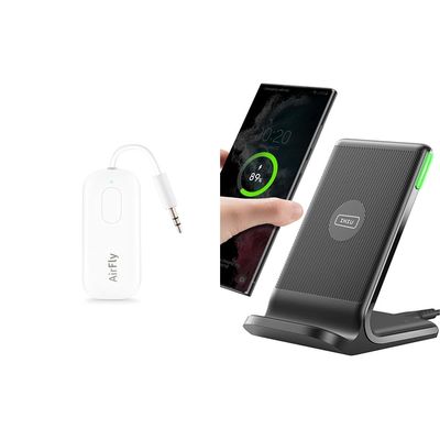 Twelve South AirFly Pro Bluetooth Wireless Audio Transmitter/Receiver & INIU Wireless Charger, 15W Fast Qi-Certified Wireless Charging Station with Sleep-Friendly Adaptive