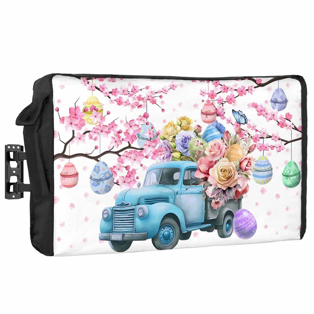 Blue Truck Easter Outdoor TV Cover 36-39 Inch Weatherproof, Oxford Heavy Duty Waterproof Outside Flat Screen TV Cover Protector for Television Outdoor Accessories Pink Spring Floral Eggs Botanical