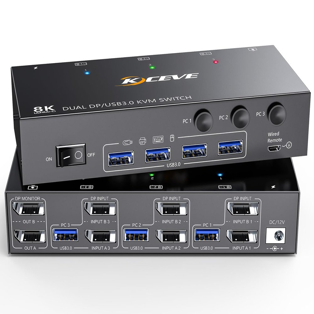 8K Displayport KVM Switch 2 Monitors 3 Computers 8K@60Hz 4K@144Hz,Camgeet Dual Monitor KVM Switch Displayport with 4 USB 3.0 Ports for USB Devices,Wired Remote and 12V Power Adapter Included