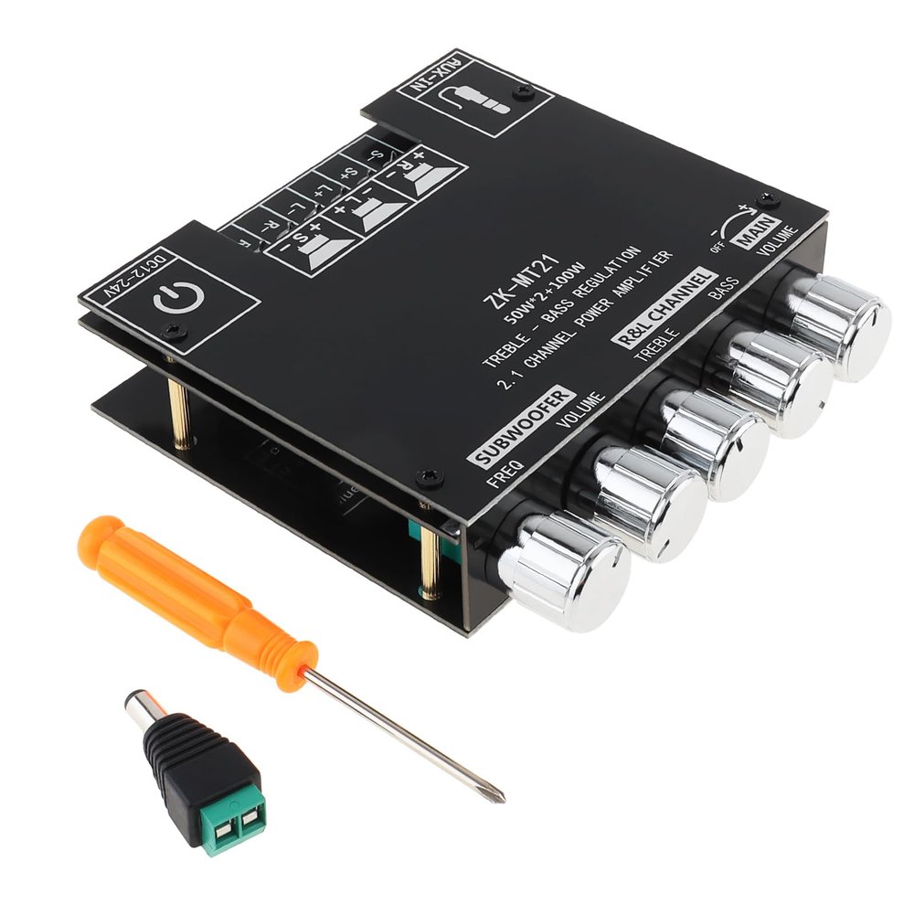 DiGiYes Bluetooth Power Amplifier Board with Subwoofer 2.1 Channel 50W x 2+100W DC 12V-24V Audio Power Amplifier Module for DIY Bluetooth Audio and Store Home Theater with Treble and Bass Control