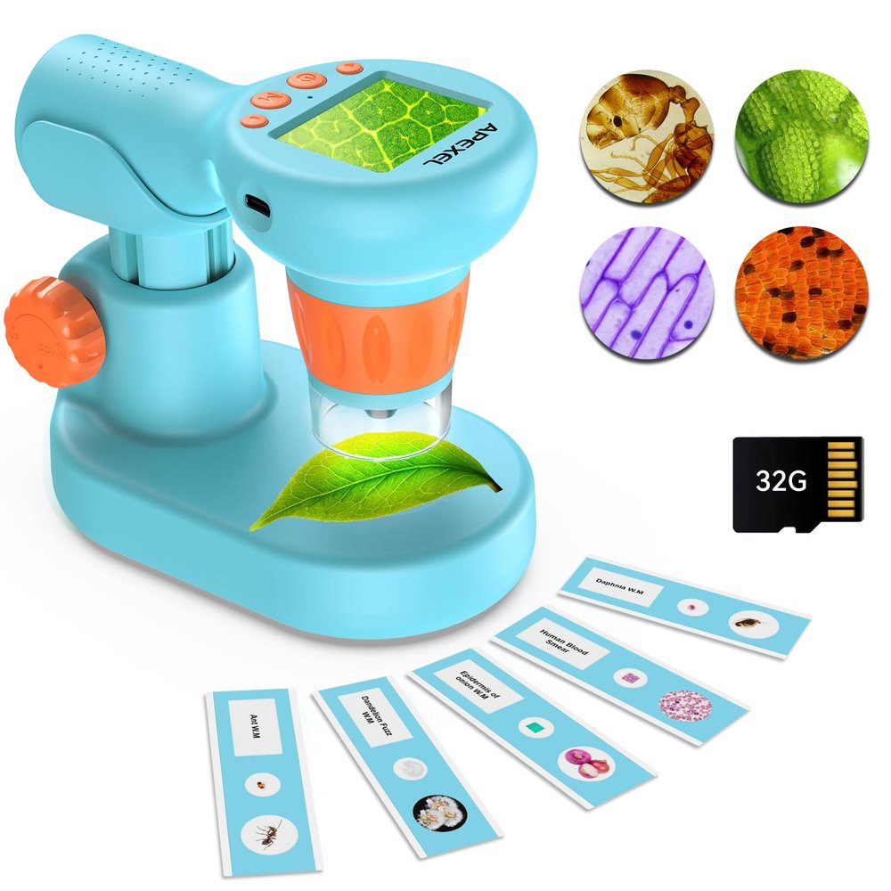APEXEL 800X Handheld Digital Microscope with 2 IPS Screen, Photo & Video Portable Microscope with Adjustable Lights (Including SD Card & Slides)