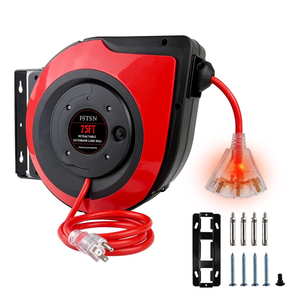FSTSN Retractable Extension Cord Reel 75 Feet - 14 AWG/3C SJTOW Heavy Duty Power Cord with 3 Lighted Outlets & 10A Circuit Breaker -Indoor Use for Garage, Workshop, Garden, Home (Red)