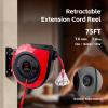 FSTSN Retractable Extension Cord Reel 75 Feet - 14 AWG/3C SJTOW Heavy Duty Power Cord with 3 Lighted Outlets & 10A Circuit Breaker -Indoor Use for Garage, Workshop, Garden, Home (Red) view 3