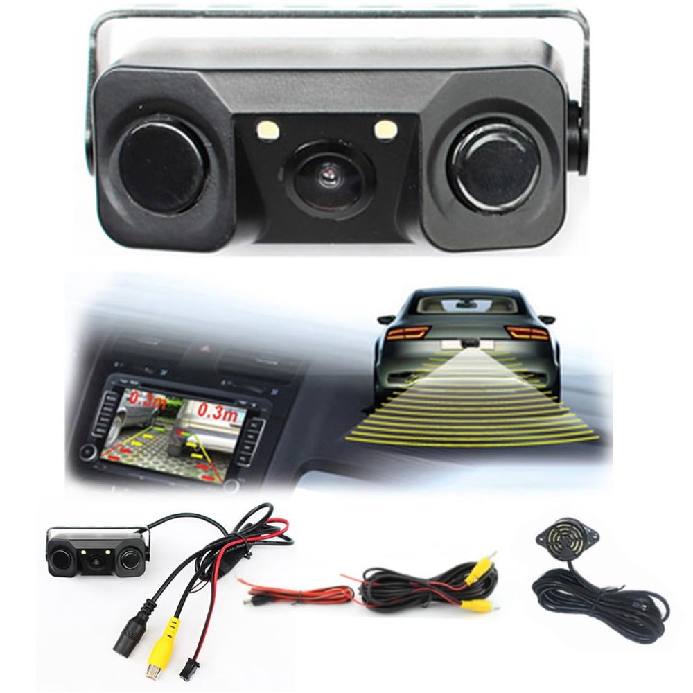 3in1 Backup Camera Kits, LED Car Rear View Parking Reversing Security Camera with One Buzzer,Two Radar Sensor HD Night Vision Waterproof for Truck SUV Van RV Parking