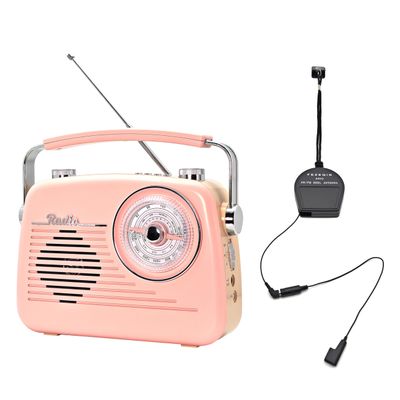 D216 Radio Portable Vintage Shortwave AM FM BT Speaker MP3 Player (Pink) and AN03 Shortwave FM Reel Antenna Telescopic External Antenna Enhance Radio Signal Reception