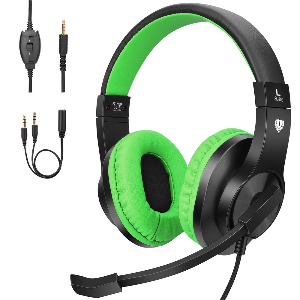ShinePick Kids Headphones, Over-Ear Girls Boys Gaming Headphones with Microphone and Volume Control for Kids Teens Online School, Travel (Green)